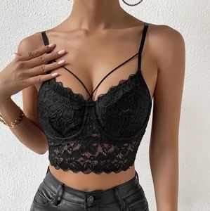 Effordram Women's Sleeveless Floral Lace Strappy Underwire Crop Camisole-(Small)